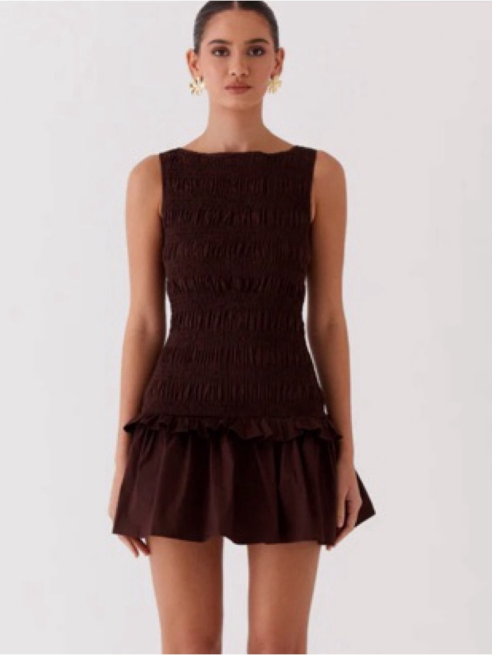 Peppermayo Garden Kisses Shirred Mini Dress in Chocolate - Size 10 - Picture 7 of 15